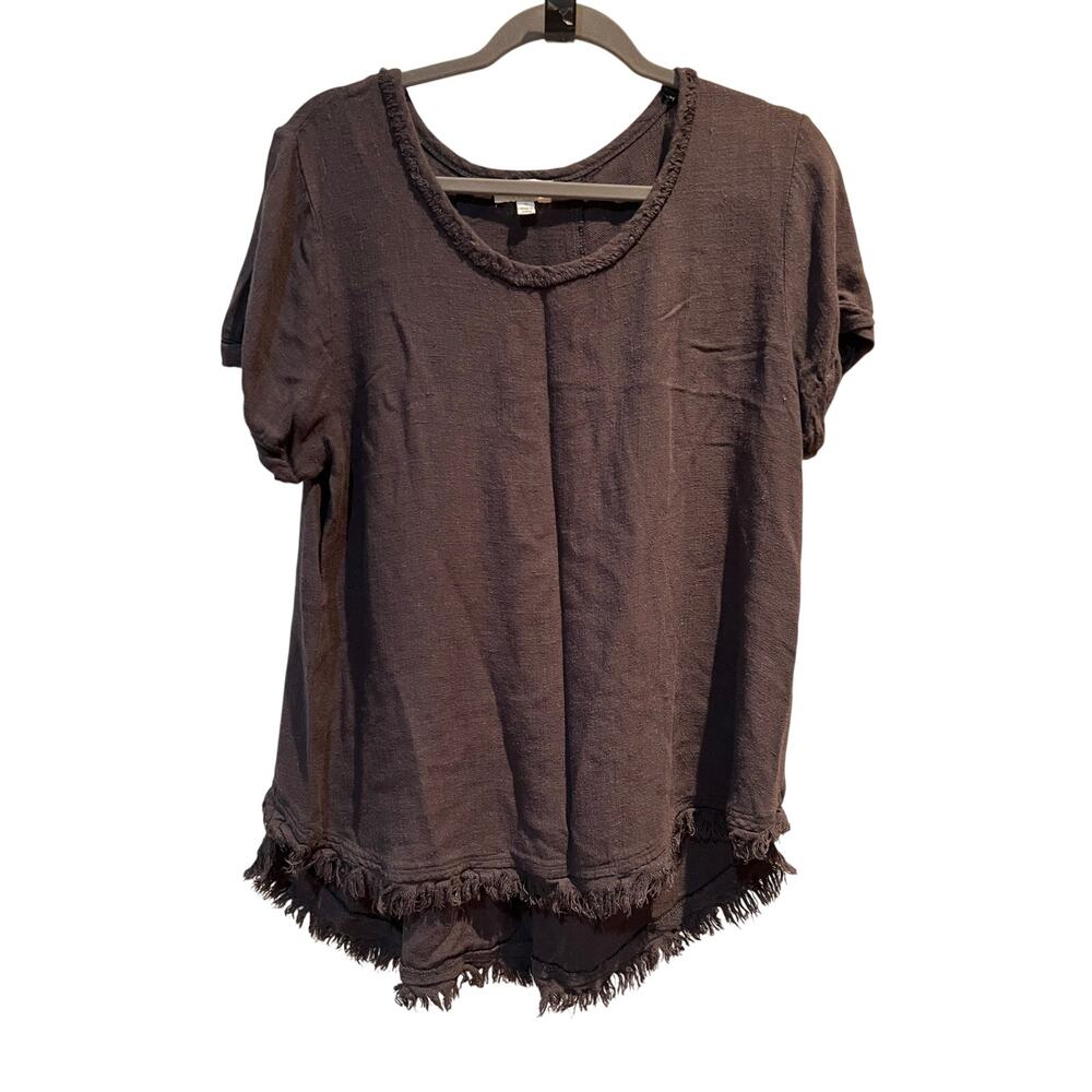 Umgee USA Brown Linen Rayon Fringe Hem Boho Tunic Top Women’s Small